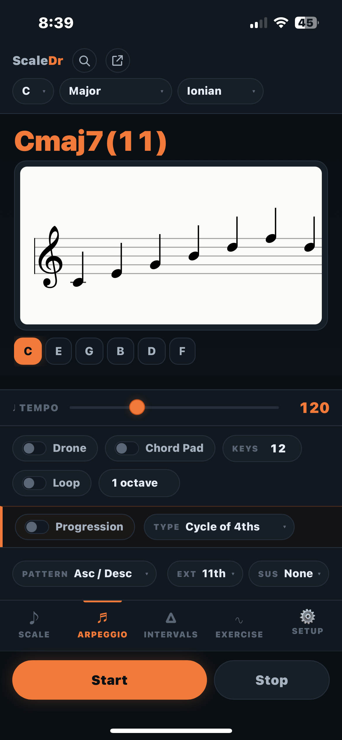 ScaleDr app showing a Cmaj7(11) arpeggio with live notation and chord symbol
